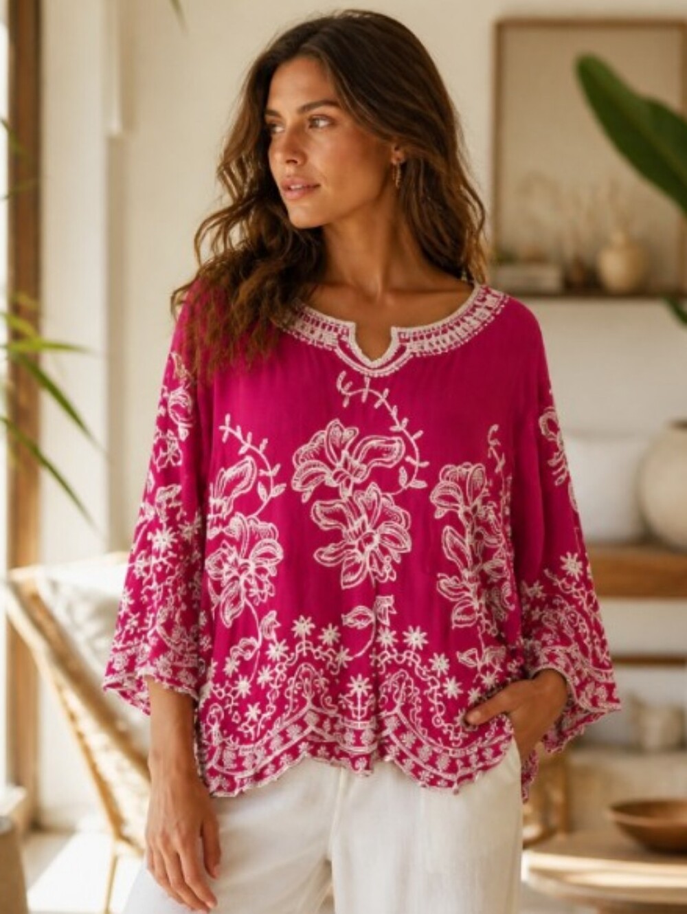 Solitaire Fuchsia Floral Embroidered Tunic